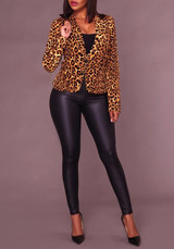 Brown Leopard Print Buttons Long Sleeve Turndown Collar Office Worker Blazer