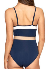 Blue Patchwork Cut Out Sashes Backless Spaghetti Straps High Waisted Bikini Swimwear