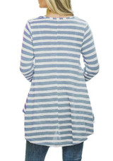 Sky Blue Striped Print Lace Irregular High-Low Swallowtail Casual T-Shirt