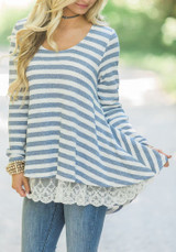 Sky Blue Striped Print Lace Irregular High-Low Swallowtail Casual T-Shirt