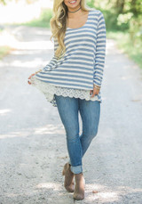 Sky Blue Striped Print Lace Irregular High-Low Swallowtail Casual T-Shirt