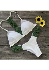 Army Green Patchwork Condole Belt 2-in-1 V-neck Knit Swimwear