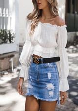 White Pleated Ruffle Off Shoulder Backless Going out Casual Blouse
