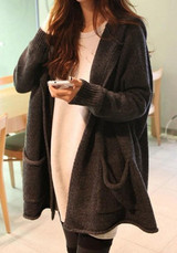 Drak Grey Pockets Hooded Going out Casual Cardigan Sweater