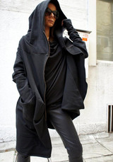 Black Plain Zipper Irregular Pockets Hooded Casual Coat