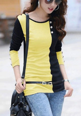Yellow Patchwork Belt Buttons Round Neck Casual T-Shirt