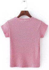 Red Striped Alien Embroidery Crop Round Neck Short Sleeve T-Shirt Red Striped Alien Embroidery Crop Round Neck Short Sleeve T-Shirt