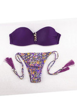 Purple Floral 2-in-1 Tassel Chain Bandeau V-neck Swimwear