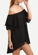 Black Ruffle Irregular Chiffon Off Shoulder Backless Going out Blouse