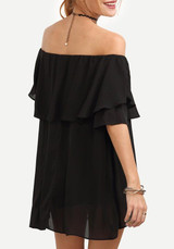 Black Ruffle Irregular Chiffon Off Shoulder Backless Going out Blouse
