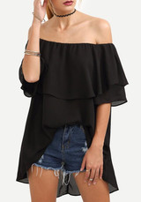 Black Ruffle Irregular Chiffon Off Shoulder Backless Going out Blouse