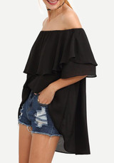 Black Ruffle Irregular Chiffon Off Shoulder Backless Going out Blouse
