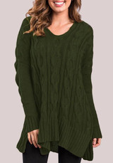Army Green Irregular V-neck Long Sleeve Pullover Sweater