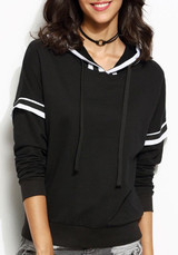 Black Striped Drawstring Hooded Long Sleeve Pullover Sweatshirt