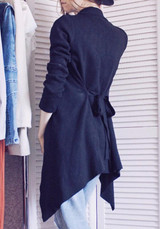 Black Irregular Belt Turndown Collar Knit Casual Cardigan Sweater