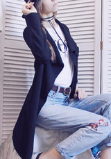 Black Irregular Belt Turndown Collar Knit Casual Cardigan Sweater