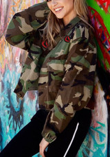 Camouflage Pockets Lip Print Turndown Collar Cardigan Fashion Jacket