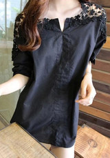 Black Patchwork Irregular Draped Lace V-neck Elbow Sleeve Blouse