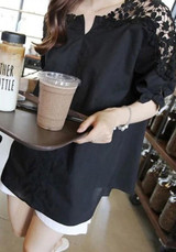 Black Patchwork Irregular Draped Lace V-neck Elbow Sleeve Blouse