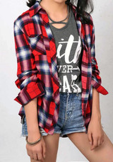 Red Pockets Turndown Collar Cute Loose Buffalo Plaid Tunic Blouse