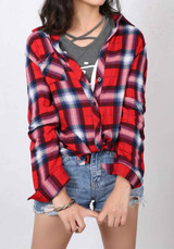 Red Pockets Turndown Collar Cute Loose Buffalo Plaid Tunic Blouse