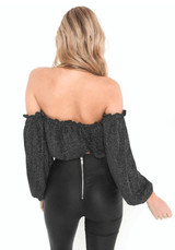 Black Drawstring Ruffle Bandeau Cut Out Off Shoulder Backless Loose T-Shirt