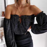 Black Drawstring Ruffle Bandeau Cut Out Off Shoulder Backless Loose T-Shirt