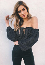 Black Drawstring Ruffle Bandeau Cut Out Off Shoulder Backless Loose T-Shirt