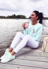 Blue Floral Print Round Neck Casual Pullover Sweatshirt