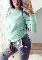 Blue Floral Print Round Neck Casual Pullover Sweatshirt