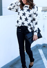 White Star Print Long Sleeve Fashion Pullover Sweater