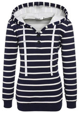 Blue Striped Drawstring Buttons Long Sleeve Hooded Sweatshirt