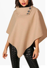 Khaki Buttons Irregular Turndown Collar Oversized Pullover Cape Wool Coat