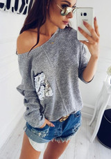 Grey Plain Pocket Sequin Round Neck Casual Pullover Sweater