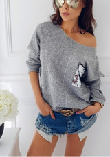 Grey Plain Pocket Sequin Round Neck Casual Pullover Sweater
