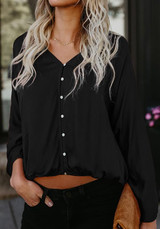 Black Single Breasted Ruffle Midriff V-neck Casual Blouse Black Single Breasted Ruffle Midriff V-neck Casual Blouse