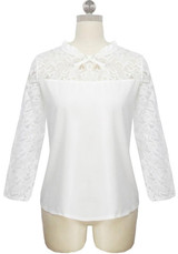 White Patchwork Lace Round Neck Long Sleeve Elegant Blouse
