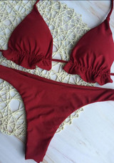 Red Condole Belt Tie Back Pleated 2-in-1 V-neck Fashion Swimwear