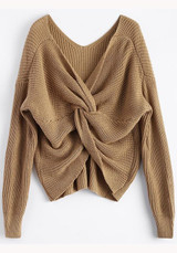 Apricot Irregular V-neck Backless Pullover Sweater