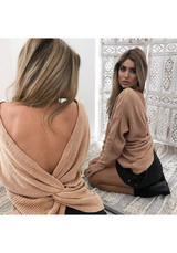 Apricot Irregular V-neck Backless Pullover Sweater