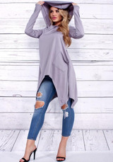 Purple Pockets Irregular Hooded Long Sleeve Going out Fashion T-Shirt