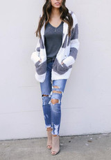 White-Grey White Striped Print Zipper Pockets Hooded Long Sleeve Oversized Casual Coat