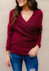 Red V-neck Cross Long Sleeve Fashion Slouchy Casual Pullover Sweater