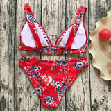 Red Floral Studded Condole Belt 2-in-1 V-neck Swimwear
