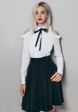 White Cut Out Ruffle Bow Long Sleeve Blouse