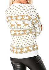 Beige Floral Round Neck Long Sleeve Fashion Christmas Pullover Sweater