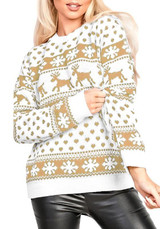 Beige Floral Round Neck Long Sleeve Fashion Christmas Pullover Sweater
