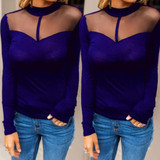 Blue Patchwork Grenadine Band Collar Fashion Blouse