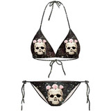 Black Skull Print Drawstring 2-in-1 V-neck Fashion Swimwear