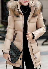 Khaki Pockets Fur Zipper Hooded Long Sleeve Fashion Outerwear